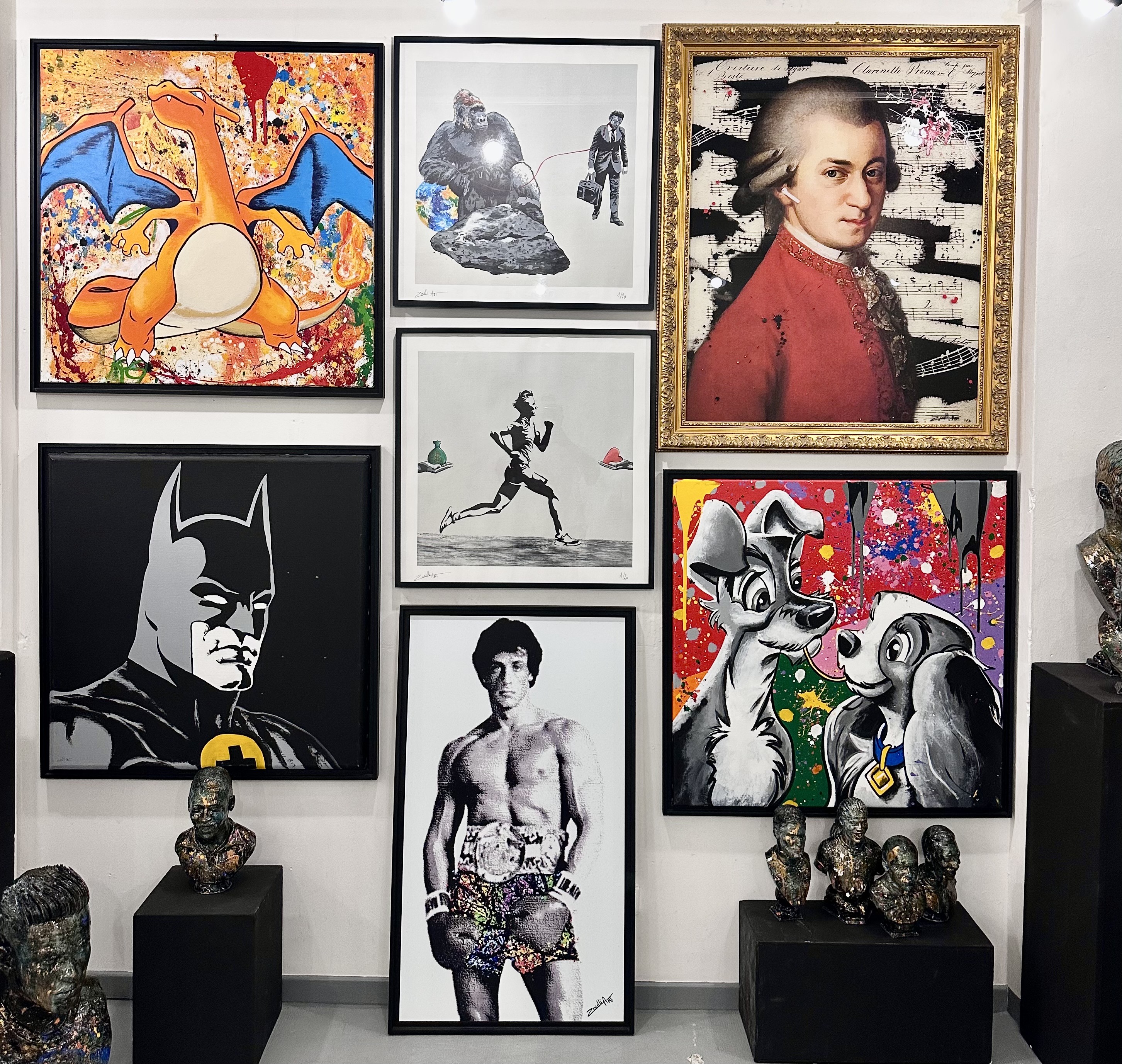 Œuvres originales et tirages Zoulli Art : Dracaufeu, Batman, Rocky, Mozart, Belle & Clochard — Mystery Box Coupe du Monde 2026
