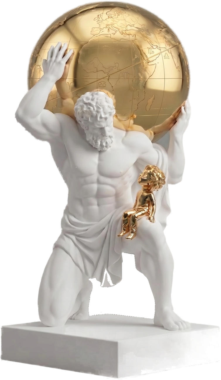 Atlas et l'enfant d'or : Atlas en marbre blanc agenouillé portant le globe d'or, l'enfant d'or assis sur sa cuisse
